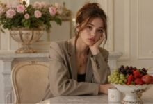 Affordable outfit styled with a tailored blazer, gold jewelry, polished hair, roses, fruit, and elegant details that make clothes look expensive