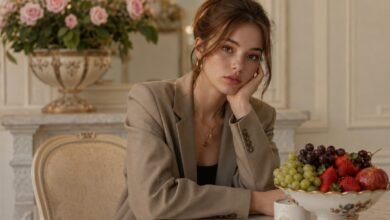 Affordable outfit styled with a tailored blazer, gold jewelry, polished hair, roses, fruit, and elegant details that make clothes look expensive