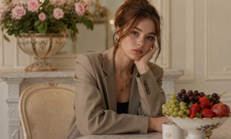 Affordable outfit styled with a tailored blazer, gold jewelry, polished hair, roses, fruit, and elegant details that make clothes look expensive
