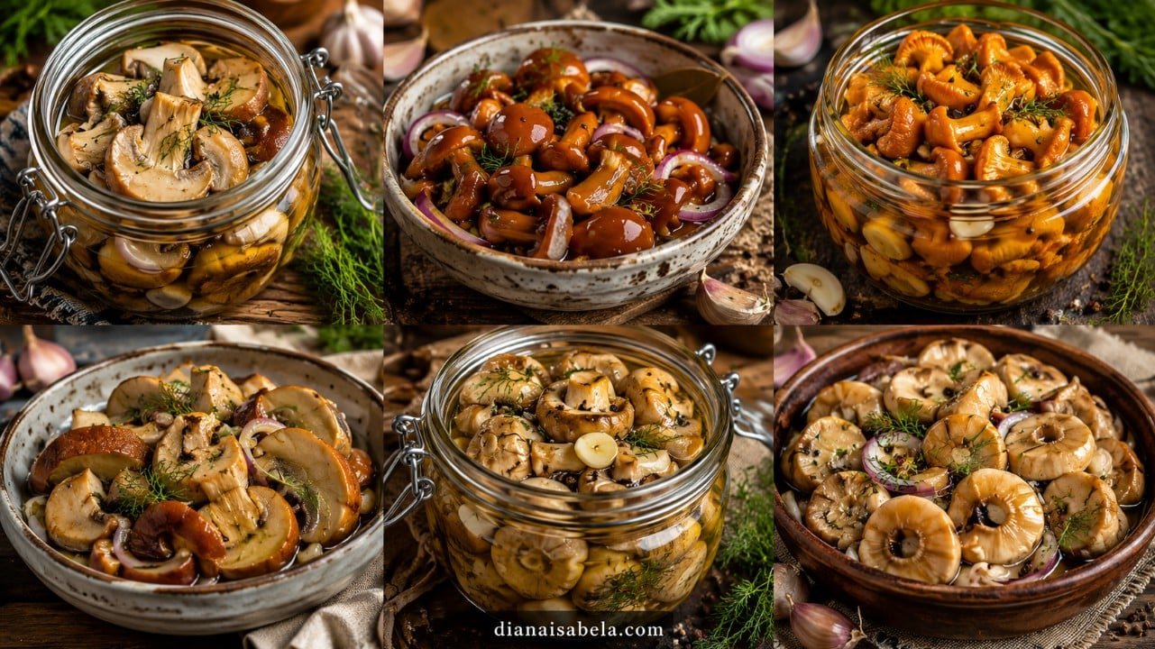 Marinated mushrooms with porcini, honey mushrooms, chanterelles, slippery jack mushrooms, champignons, milk mushrooms, dill, garlic and onion.