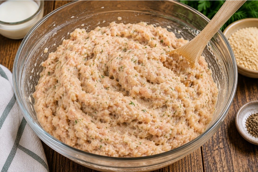 Mixed ground chicken with softened bread, onion, sour cream and herbs for chicken kotleti