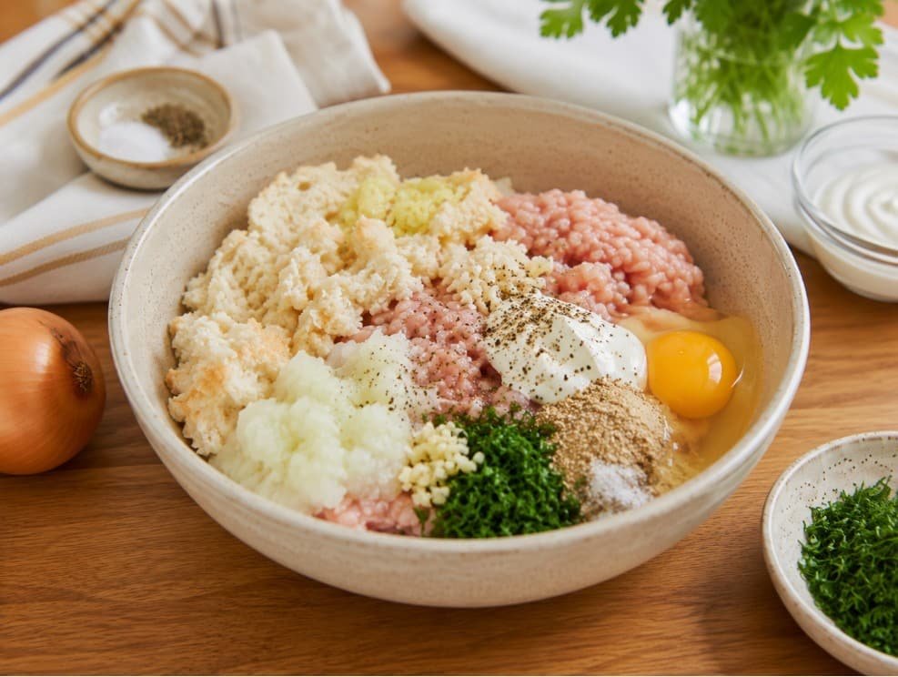 Ground turkey mixed with onion, softened bread, egg, sour cream and seasonings