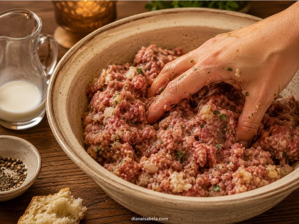 Mixing ground meat, softened bread, onion and herbs for Russian kotleti