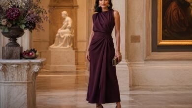 Elegant wedding guest wearing a burgundy draped midi dress inside a grand art museum gallery