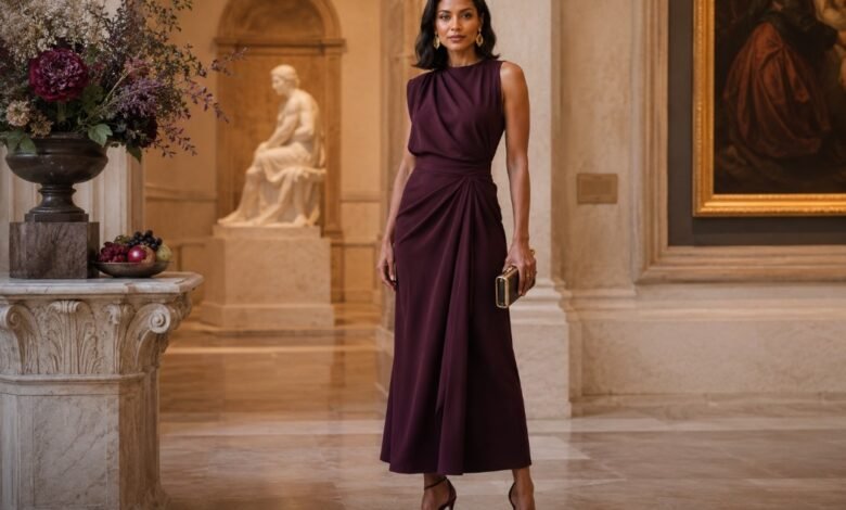 Elegant wedding guest wearing a burgundy draped midi dress inside a grand art museum gallery