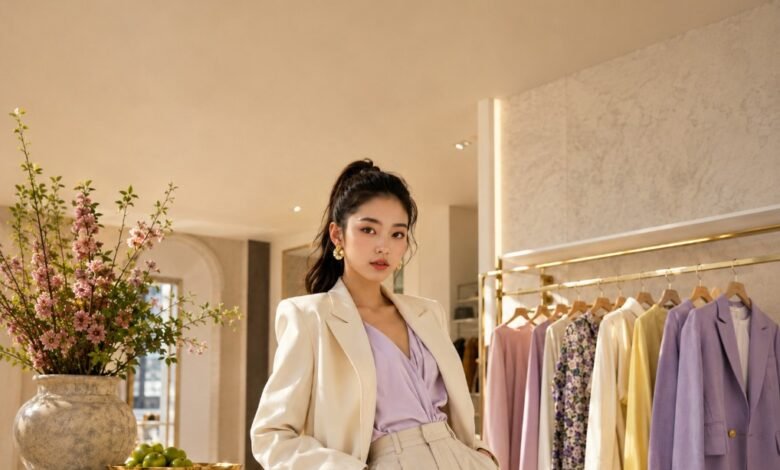 New fashion drops boutique scene with a stylish pastel outfit, curated clothing rack, fresh accessories, flowers, and modern shopping inspiration