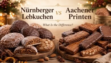 Nürnberger Lebkuchen and Aachener Printen displayed side by side for a German gingerbread comparison