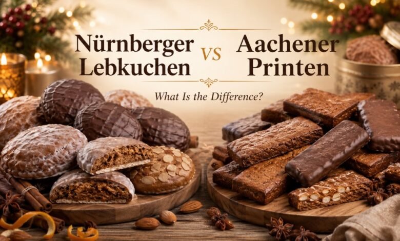 Nürnberger Lebkuchen and Aachener Printen displayed side by side for a German gingerbread comparison