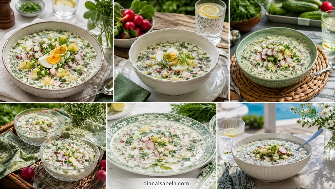 Okroshka cold soup with kefir, potatoes, eggs, cucumbers, radishes, herbs and summer table settings.