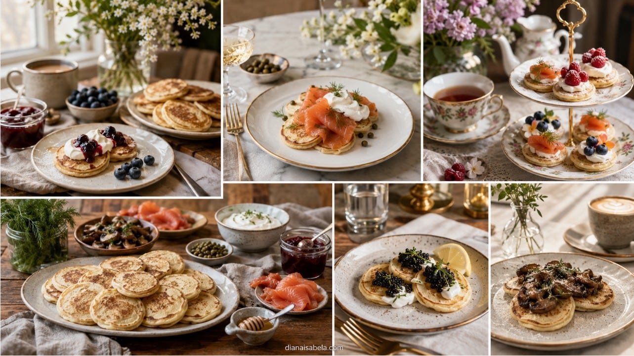 Oladyi Russian pancakes served with sour cream, berry jam, honey, smoked salmon, mushrooms, berries and tea.
