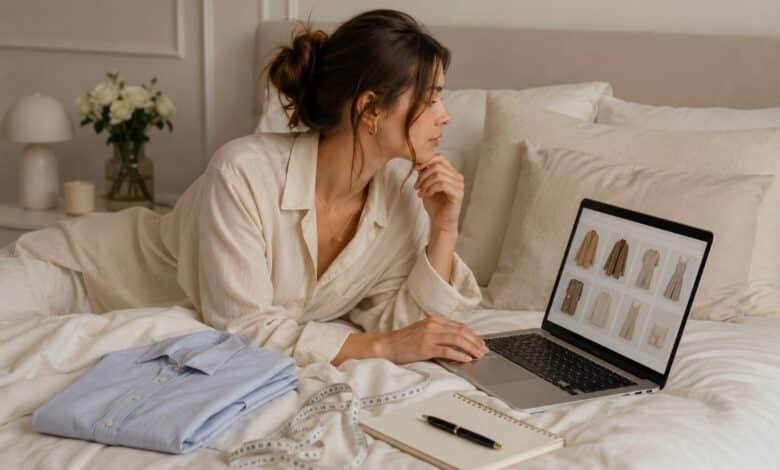 Stylish woman shopping for clothes online from bed while comparing fashion items, measurements and outfit notes