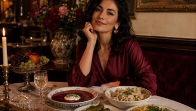 Stylish woman ordering Russian food with borscht, pelmeni, kotleti, pickles, bread, flowers and cozy restaurant atmosphere