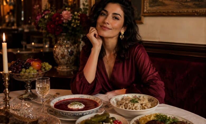 Stylish woman ordering Russian food with borscht, pelmeni, kotleti, pickles, bread, flowers and cozy restaurant atmosphere