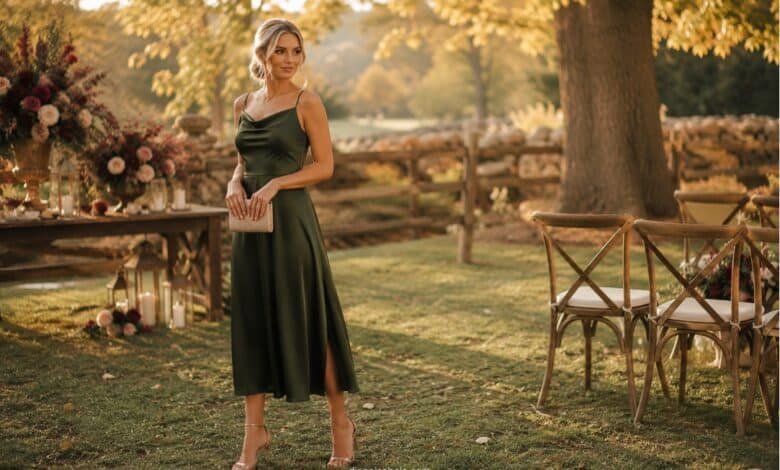 Outdoor fall wedding guest dress in a deep green midi style with elegant shoes, autumn flowers, and a romantic garden ceremony setting.