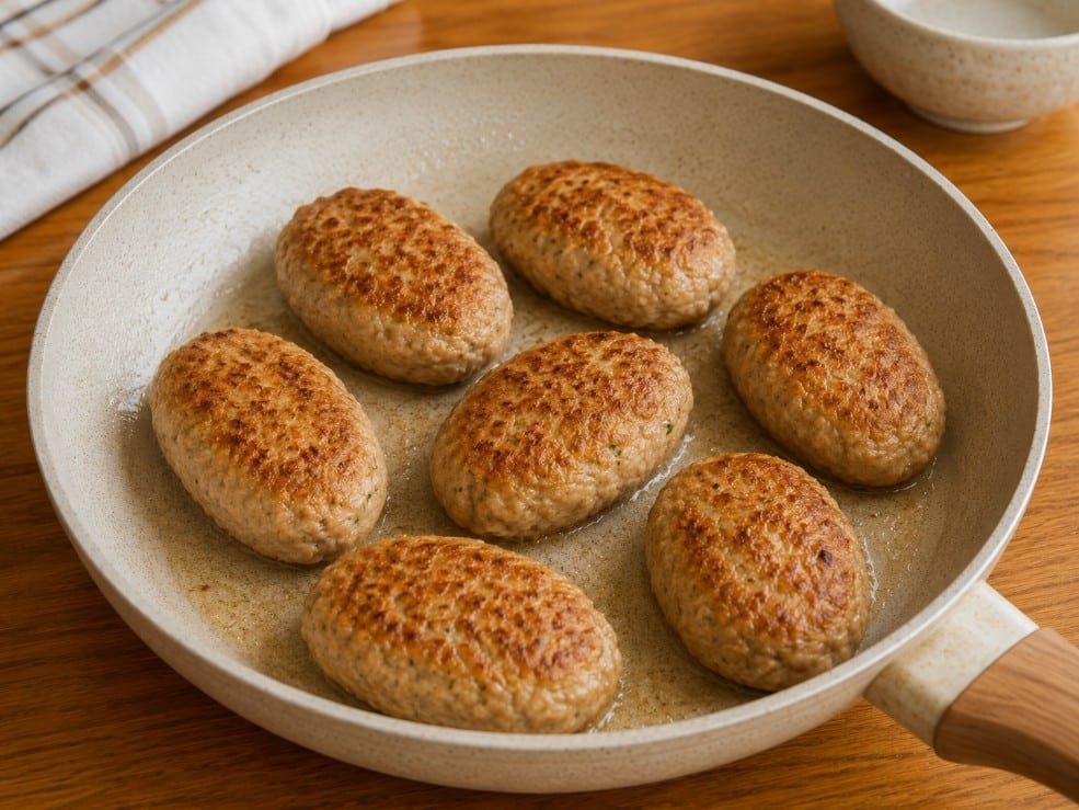 Turkey kotleti frying in a skillet until golden brown