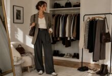 Stylish woman wearing wide-leg trousers, a fitted cream top and relaxed blazer while choosing pieces from a coordinated wardrobe