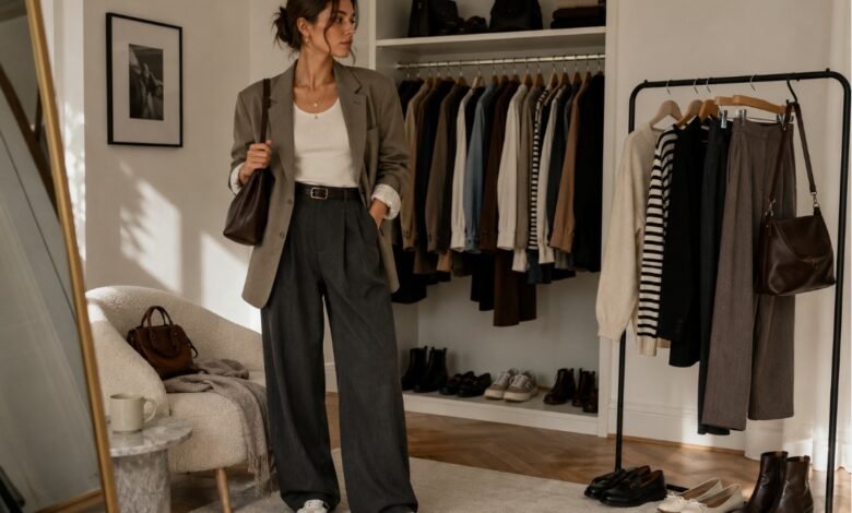 Stylish woman wearing wide-leg trousers, a fitted cream top and relaxed blazer while choosing pieces from a coordinated wardrobe