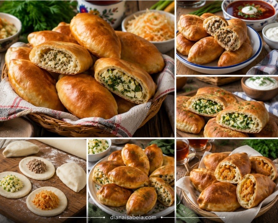 Pirozhki made with store-bought dough and savory fillings served with soup, sour cream and tea.