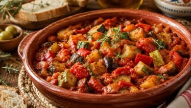 Traditional pisto manchego with tomatoes, zucchini, eggplant and peppers served with rustic bread