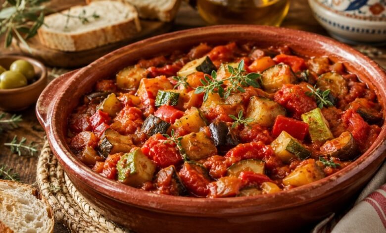 Traditional pisto manchego with tomatoes, zucchini, eggplant and peppers served with rustic bread