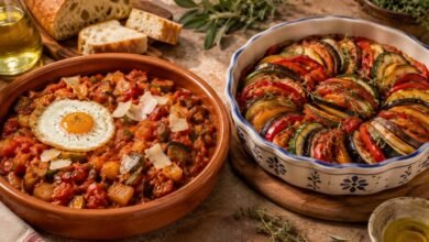 Pisto manchego with fried egg beside French ratatouille with roasted vegetables