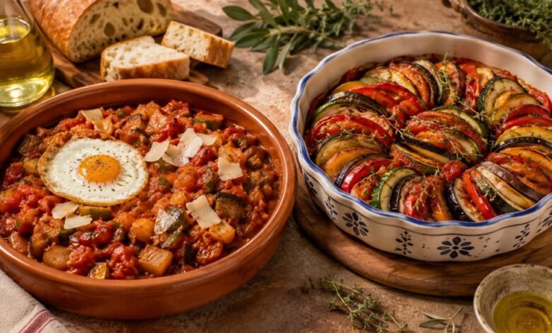 Pisto manchego with fried egg beside French ratatouille with roasted vegetables