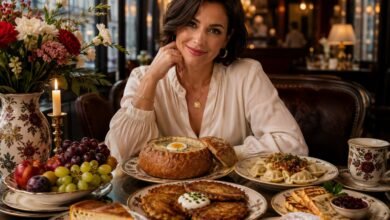 Stylish Polish food table with żurek, pierogi, potato pancakes, oscypek, pączki, sernik, fruit and cozy café atmosphere