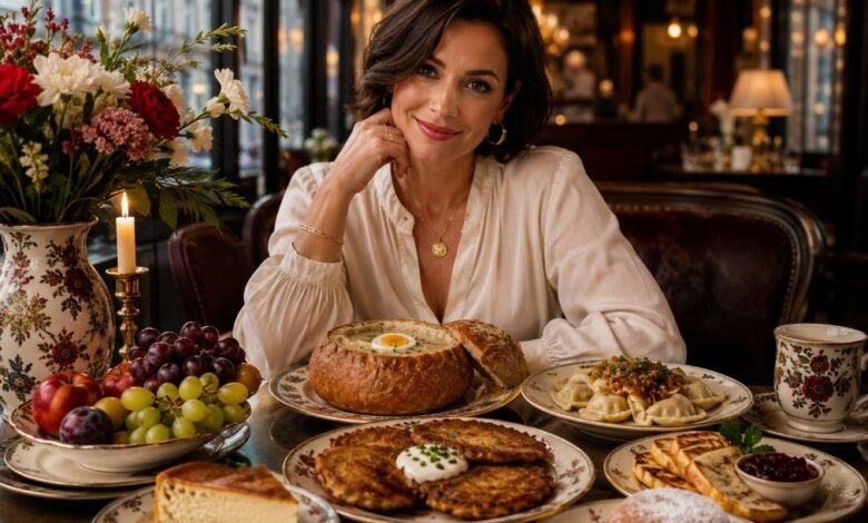Stylish Polish food table with żurek, pierogi, potato pancakes, oscypek, pączki, sernik, fruit and cozy café atmosphere