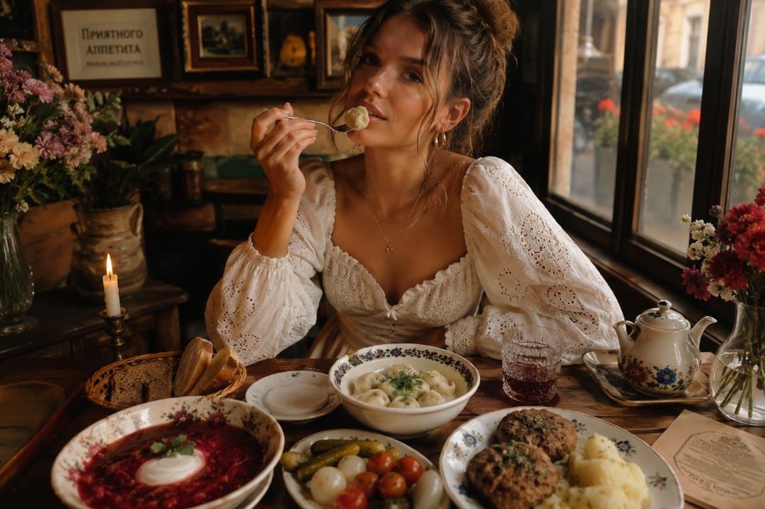 Stylish Eastern European dinner scene with dumplings, borscht, cutlets, bread, pickles and cozy café atmosphere