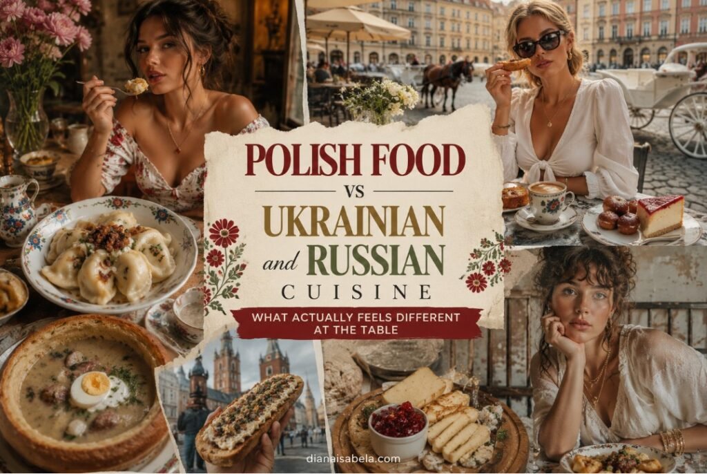 Polish food comparison with pierogi, żurek, zapiekanka, oscypek, desserts, café culture and Eastern European cuisine