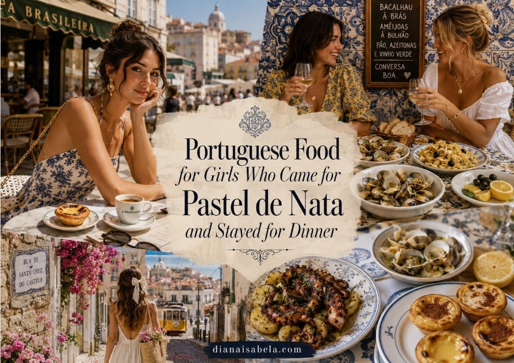 Portuguese Food for Girls Who Came for Pastel de Nata and Stayed for Dinner 2 Portuguese food guide with pastel de nata, bacalhau, clams, grilled octopus, Lisbon café tiles, stylish women and sunny dinner mood