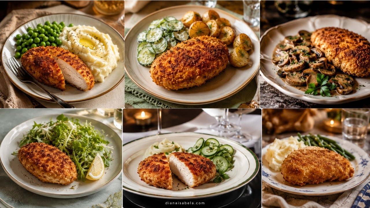 Pozharsky cutlets served with potatoes, cucumber salad, mushrooms, peas and herbs.