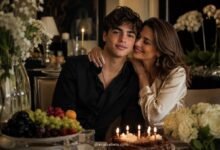 Proud mother celebrating her son’s birthday with cake, flowers, fruit, and a warm family moment