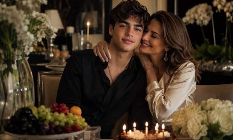 Proud mother celebrating her son’s birthday with cake, flowers, fruit, and a warm family moment