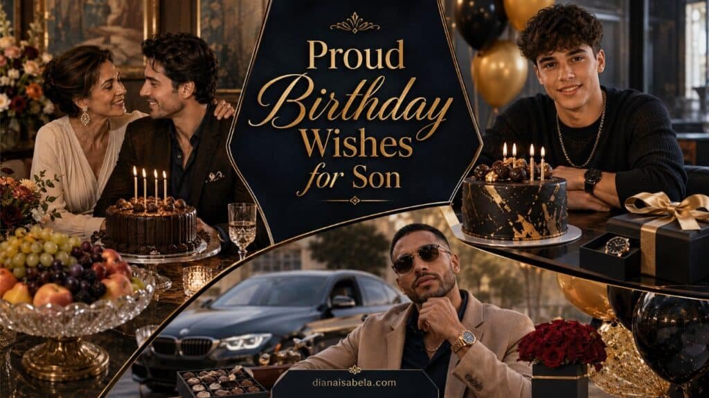 Proud birthday wishes for son with elegant family celebration, birthday cake, luxury gifts, watch, flowers, fruit, and stylish birthday moments