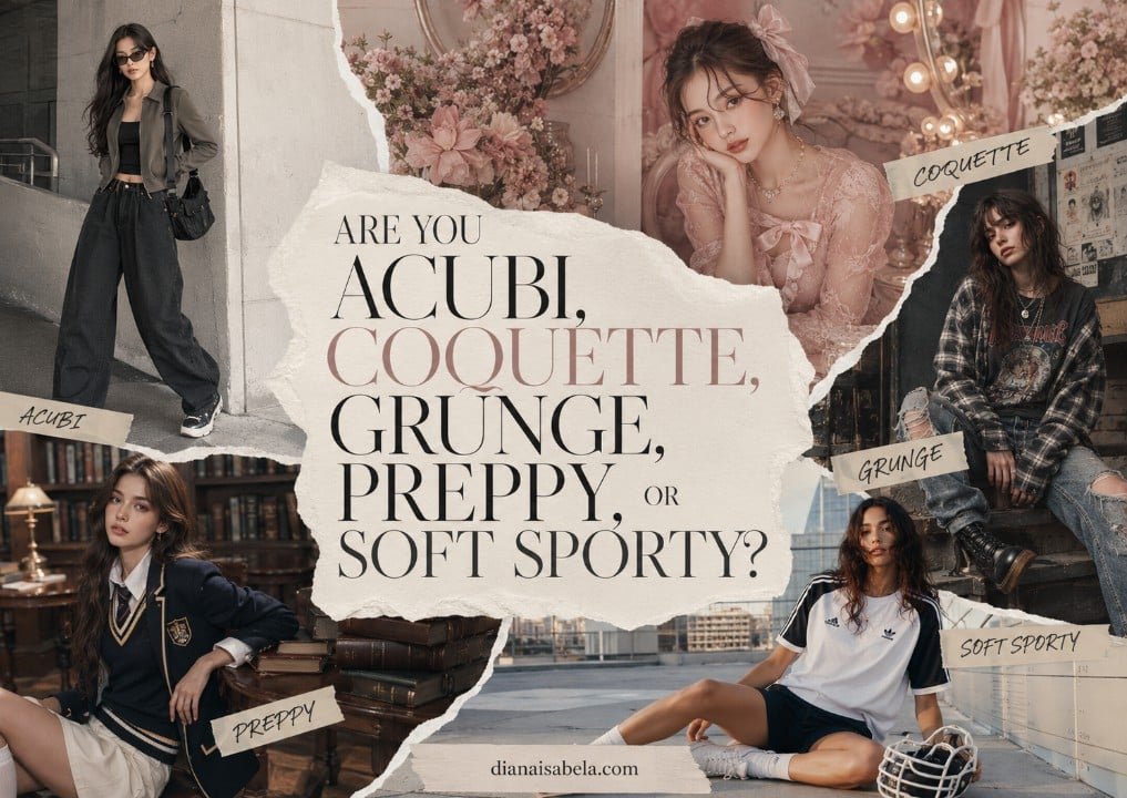 Fashion aesthetic quiz with Acubi, Coquette, Grunge, Preppy, and Soft Sporty outfit personalities, style results, and teen fashion inspiration
