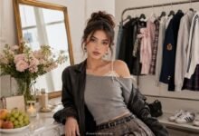 Fashion aesthetic quiz with Acubi, Coquette, Grunge, Preppy, and Soft Sporty outfit ideas in a stylish dressing room