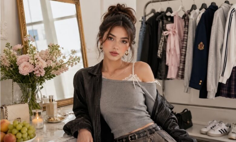 Fashion aesthetic quiz with Acubi, Coquette, Grunge, Preppy, and Soft Sporty outfit ideas in a stylish dressing room