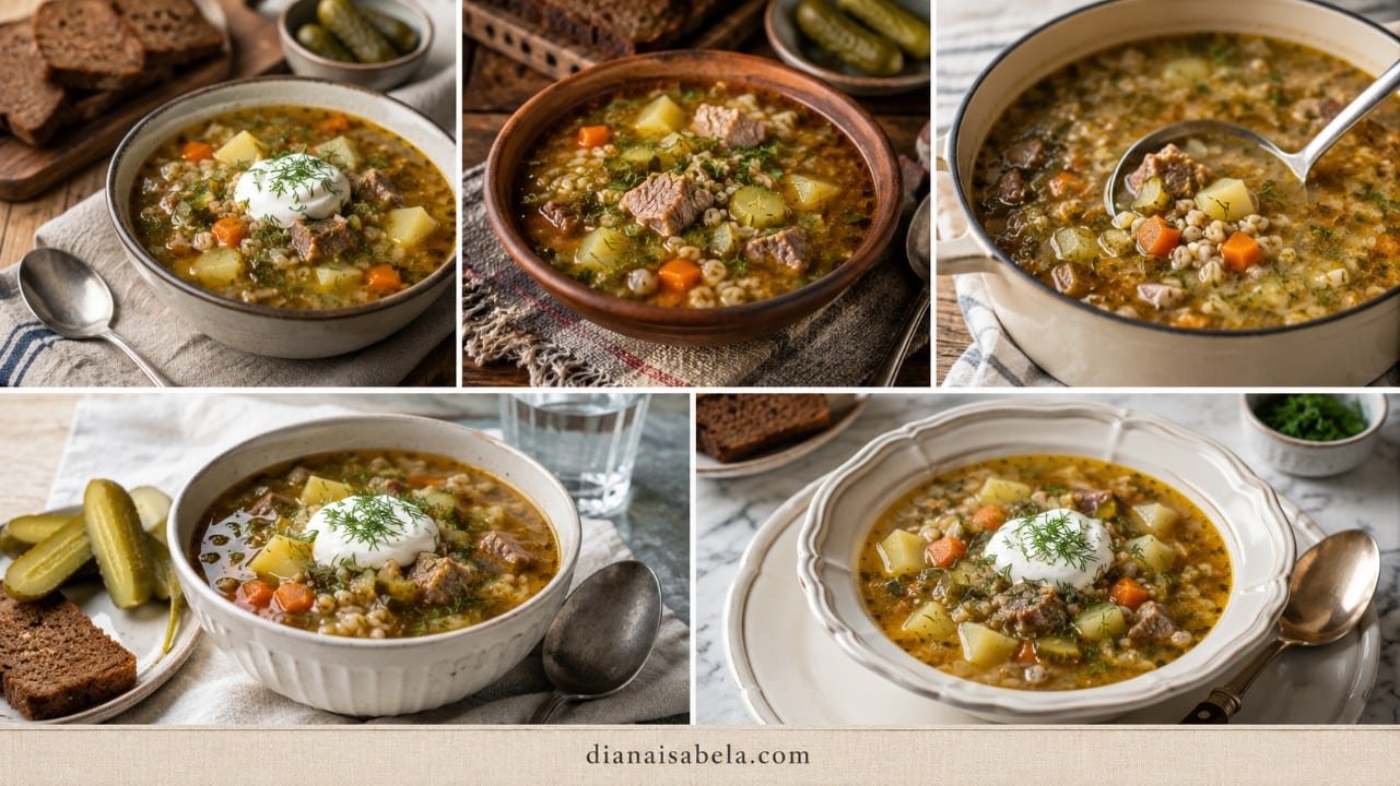 Rassolnik pickle soup with barley, potatoes, carrots, beef, sour cream, dill, rye bread and pickles.