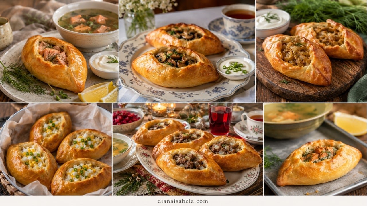 Rasstegai open Russian pies with salmon, mushrooms, cabbage, rice, eggs, sour cream, dill, lemon and soup.