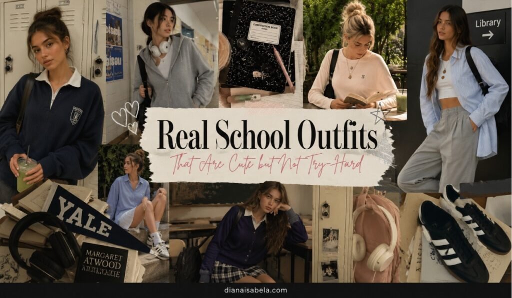 Real school outfits with hoodies, jeans, sneakers, backpacks, campus style, study-day details, and cute teen fashion that feels effortless