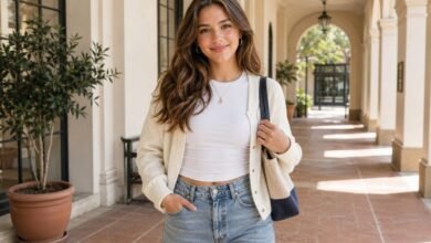 Cute real school outfit with a white fitted top, cream cardigan, relaxed jeans, shoulder bag and simple jewelry for effortless teen style.
