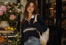 Real school outfit with relaxed jeans, stylish layers, sneakers, backpack, campus flowers, and cute teen style that feels effortless