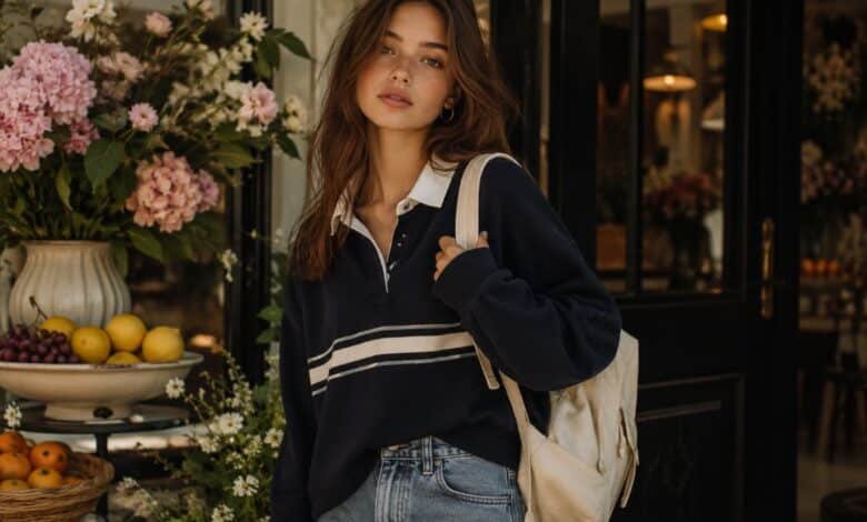 Real school outfit with relaxed jeans, stylish layers, sneakers, backpack, campus flowers, and cute teen style that feels effortless