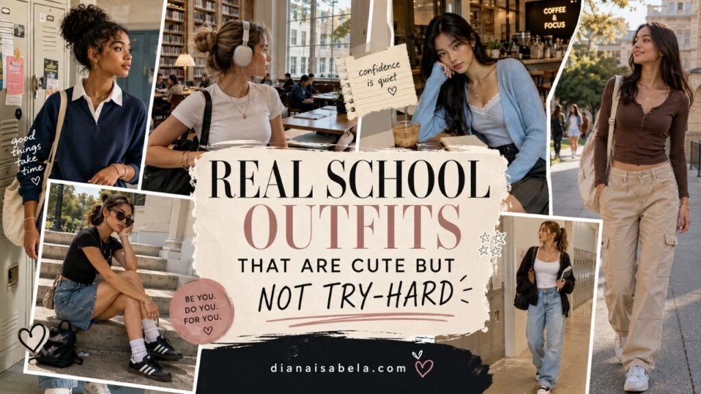 Real school outfits with relaxed jeans, cardigans, cargos, skirts, sneakers, backpacks and simple jewelry for cute not try-hard teen style.