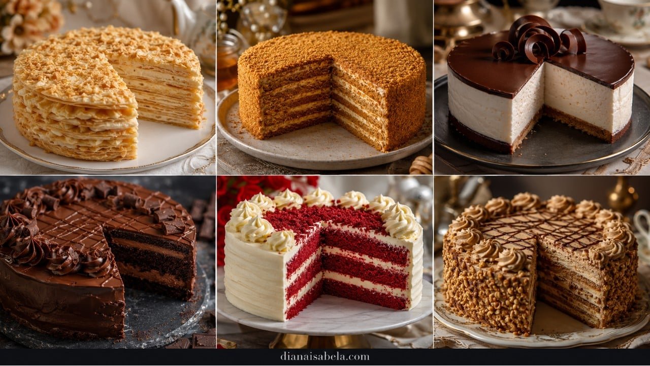 Cake collage with Napoleon cake, Medovik, Ptichye Moloko, Prague cake, Red Velvet and Leningradsky cake.