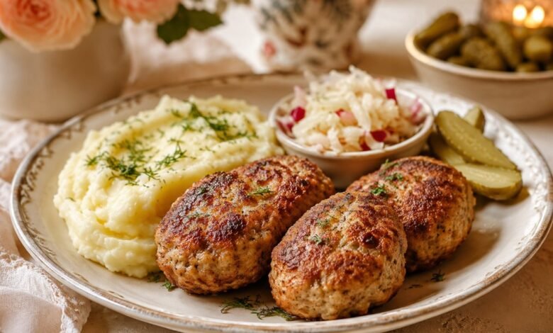 Russian cutlets with creamy potatoes, cabbage salad and pickles for a cozy Eastern European comfort food dinner