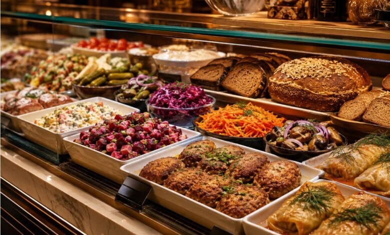 Russian deli prepared food counter with kotleti, salads, rye bread, pickles and Eastern European takeout comfort food