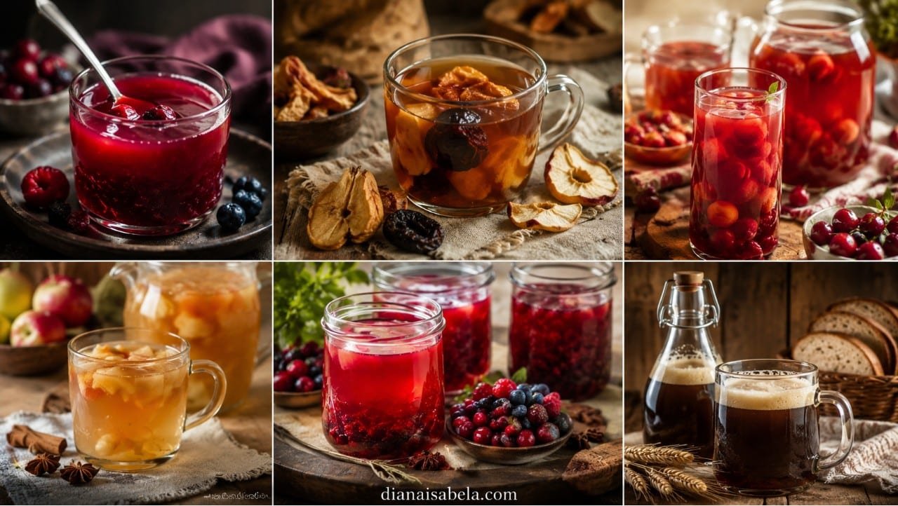 Russian-style drinks with kissel, uzvar, berry kompot, fruit compote and kvass served with dried fruit, berries, apples, cherries and rye bread.