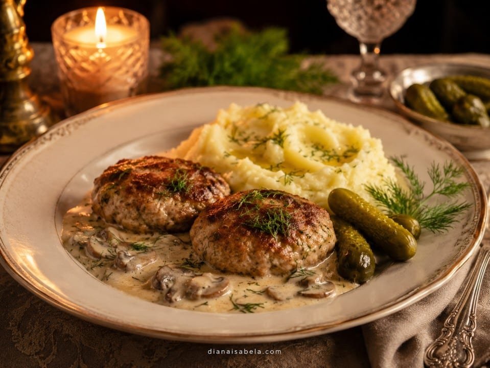 Russian kotleti with mashed potatoes, mushroom sauce, pickles and dill in a cozy Eastern European comfort food setting